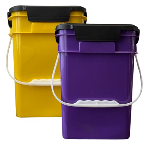 House Naturals 4 Gallon Square Food Grade Plastic Bucket with Lid, Made in USA (Pack of 2) BPA Free (Yellow/Purple)