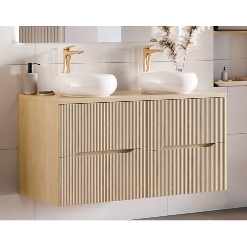 Lomadox Badezimmer Doppelwaschtisch mit 2 Keramikwaschbecken, 120 cm breit in Eiche, 4 Softclose-Schubladen mit Rillenoptik, grifflos modern