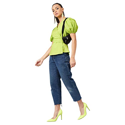 Image of ATHENA LIFESTYLE Lime Green Puff Sleeves Solid Casual Top