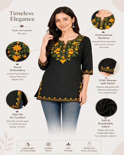 Image of Women's Gulnar Pure Cotton Kashmiri Embroidered A-line 3 /4 Cuff Sleeves Kurti | Short Kurta