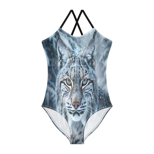 Girl's One Piece Swimsuit Frosty Bobcat Snowy Forest Beach Bathing Swimwear
