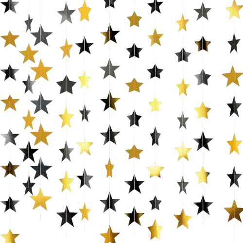 Image of Spakon 65 Feet Glitter Star Paper Garland Banner Hanging Decoration Star Streamers Double Side 2026 Graduation Decorations for Wedding Birthday Festival New Year Party Decoration(Gold Black)