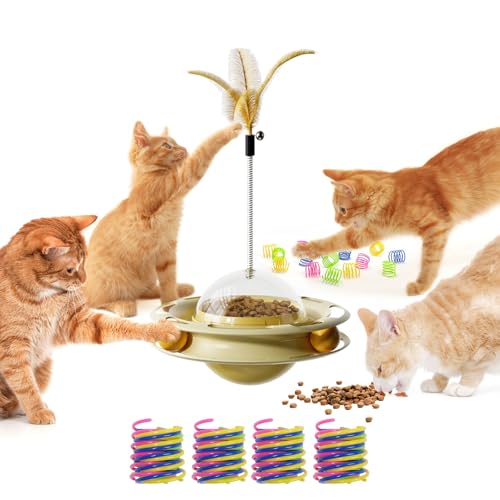 SEVENKA Cat Toys, 4in1 Interactive Kitten Toy, Fluttering Feather Toy, Track Ball, 16 Spiral Springs, Slow Cat Treats Dispenser Food Feeder Dispensing Pet Supplies, Indoor Exercise Kicker