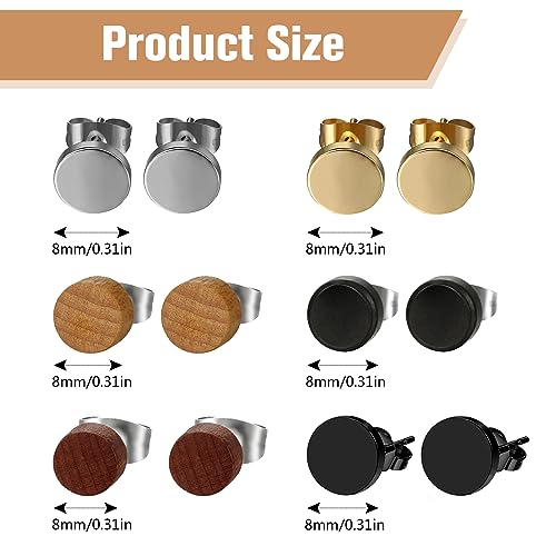 OIDEA 8MM Stainless Steel Wood Stud Earrings Men, Pierced Post Wood Earrrings for Men Women3