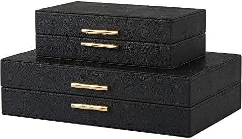 ZIKOUL Modern Decor Box Black Shagreen Leather Decorative boxes with lids for Home Decor Wooden Box With Hinged Lid