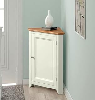 Hallowood Furniture Clifton Painted Off White Corner Storage Cabinet with Light Oak Top, Small Cupboard with Adjustable Shelves, Storage Corner Unit For Living Room, Dining Room or Kitchen