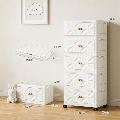 Image of uliance 5 Tiers Foldable Plastic Wardrobe Organizer for Storage, Plastic Wardrobe Drawer Cabinet, Stackable Storage Cabinet with Wheels, Baby Cupboard for Clothes Storage, Cream Cloth Organizer