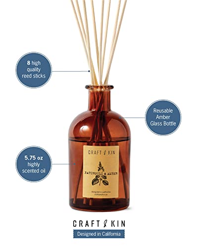 Reed Diffuser Set Patchouli & Amber Includes All Natural Essential Oil, 8 Rattan Diffuser Sticks & Elegant Amber Glass Vase (5.75 Oz), Natural Fragrance Diffuser Set #TOP2