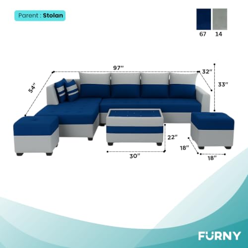 Image of FURNY Stolan 8 Seater Fabric LHS Sectional L Shape Sofa Set with Centre Table & 2 Puffy- (Blue-Light Grey Color)