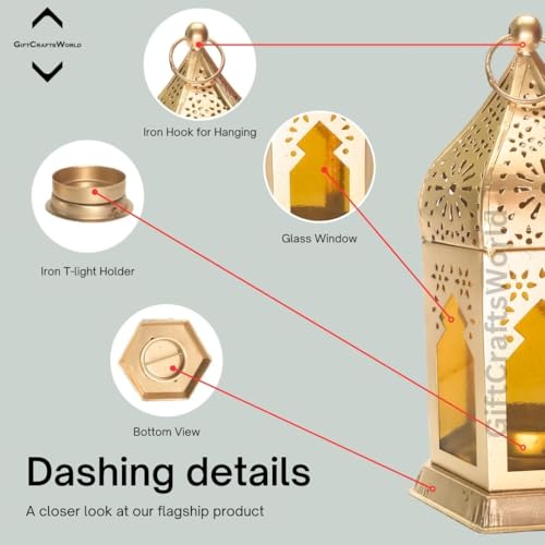 Image of Metal & Glass Elegant Moroccan Lanterns with Lantern Light Lamp and Hanging Lantern Candle Holders for Home Decor Diwali Eid Christmas Festival Gifts (Yellow, Set of 4)