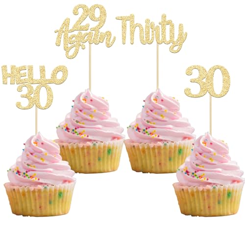 Gyufise 24Pcs Gold Glitter 30th Birthday Cupcake Toppers Hello 30 Cake Decorations Again 29 Thirty Cupcake Picks for 30th Birthday Cake Decorations Supplies
