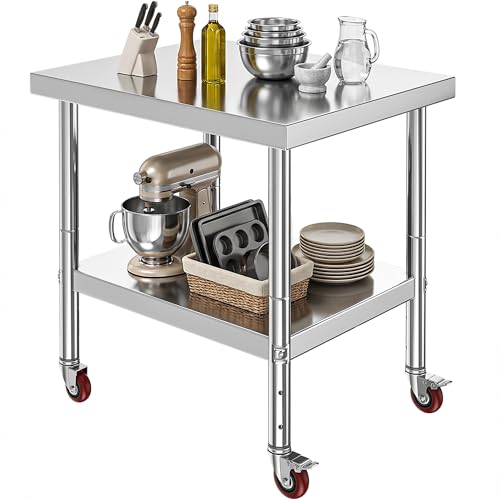 Image of DWVO 30x24in Stainless Steel Table with Adjustable Shelf & Wheels | NSF Metal Prep Worktable for Kitchen Restaurant Hotel Garage Warehouse Home Commercial