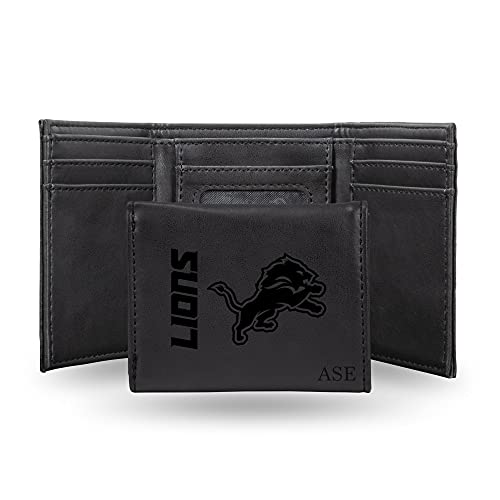 Rico Industries NFL Football Detroit Lions Black Personalized-Custom Laser Engraved Faux Leather Tri-fold Wallet - Slim Wallet