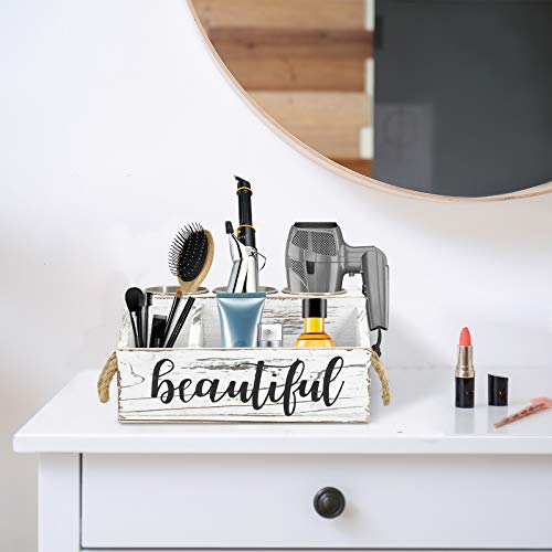 Rustic Wood Hair Dryer Holder, Hair Styling Product Care Tool Organizer, Bathroom Countertop & Vanity Caddy Storage Stand for Blow Dryer Straightener Curling Iron with 3 Stainless Steel Buckets White - Thumbnail 5