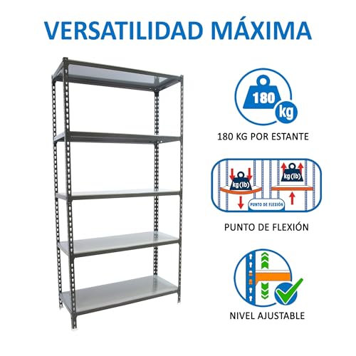 Miniatura 4 de Simonrack Estantería Metálica Almacenaje, Sin Tornillos, 5 Baldas, Alta Capacidad Carga 180 Kg, 1800x900x300 Mm, Estantería Garaje Trastero, Antracita Galva