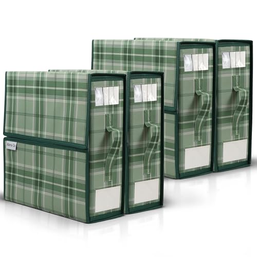Mama Gs Bed Sheet Organizer Set of 4 – Plaid Sheet Storage 15"x12"x4" – Foldable Bedsheet Holders with Zipper, Window – Closet Organizer for Bedding Storage, Pillows, Duvets, Linen – Green