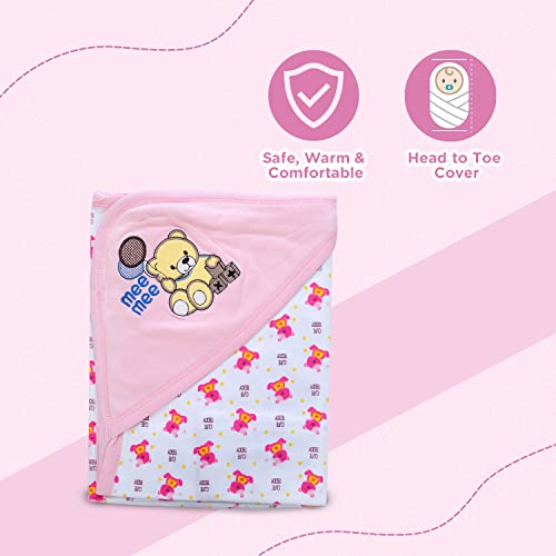 Image of Mee Mee 100% Soft Cotton Hooded Baby Wrapper Cum Warmer, Blanket with Hood for New Born Baby 0 to 6 Months (Hood-Pink)