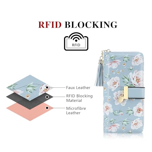 Image of RFID Wallets for Women with Multiple Card Slots and Cellphone Compartment, Womens Wallet, Printed blue peony, Modern