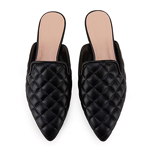 Womens Quilted Pointed Toe Mules Low Heel Loafers Slip On Flats Slide Backless Cut Out Comfortable Shoes Black #TOP6