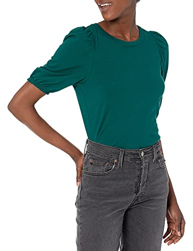Amazon Essentials Damen Kurzarm-T-Shirt mit Rundhalsausschnitt und Puffärmeln, Normale Passform, Dunkelgrün, L