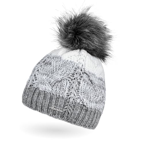 Neverless® Damen Strick-Mütze gefüttert Fleece-Innenfutter Fell-Bommel Kunstfell Winter-Mütze Bommelmütze Zopfmuster Mehrfarbig Hellgrau-Weiss