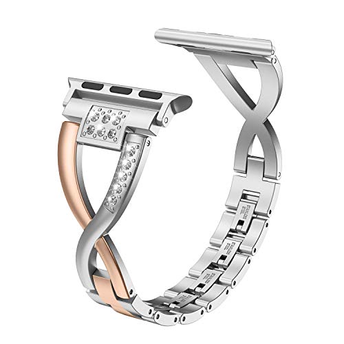 80% Off Discount Wearlizer Bling Silver Band Compatible with iWatch Strap 38mm 40mm 41mm Womens 2-Color Matching Deep Rose Gold X-Link Bling Rhinestone Sleek Wristband Metal Dressy Bracelet Series 7 6 5 4 3 2 1