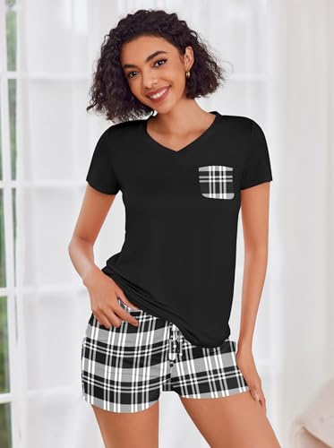 Image of Ekouaer Womens Pajama Sets Short Sleeve Pajamas for Women Sets Soft Lounge Sets Casual V Neck Sleepwear PJS