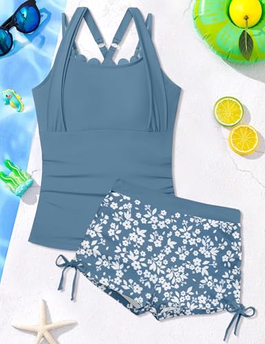 Image of Girls Swimsuit 2 Piece Halterneck Cross Straps Girls Tankini Top Drawstring Prints Shorts Bathing Suit for Teens 9-16Y