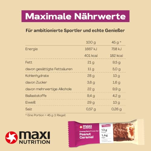MaxiNutrition Creamy Core Bar Peanut Caramel, 12x45g Protein-Riegel, 32% Eiweiß, 15g je Riegel, low Sugar (1,4g), ohne Zuckerzusatz, ohne künstliche Aromen