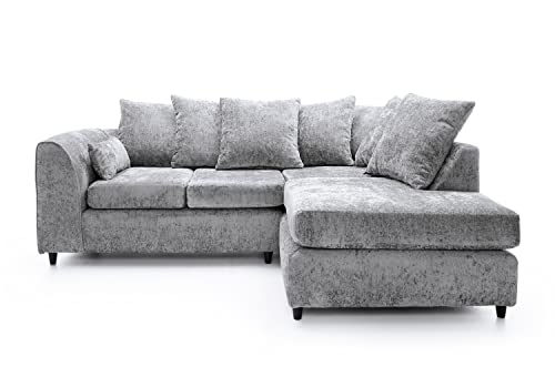 Abakus Direct Harriet Corner Sofa - Light Grey Crushed Chenille - L Shaped Couch Unit for Living Room - Range Includes 2 Seater, 3 Seater, U-Shaped Sofa & Footstool Options - Corner Right