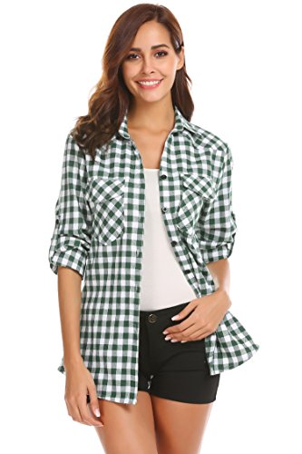 Zeagoo Women's Plaid Flannel Shirt, Roll up Long Sleeve Checkered Cotton Shirt,Grass Green1,Large