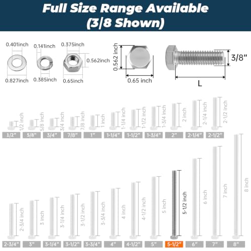 Image of 6 Sets Glvaner 3 /8-16 x 5-1 /2 inch Stainless Steel Hex Head Screws Bolts, Nuts, Flat & Lock Washers, 18-8 (304) Stainless Steel, Full Thread, Coarse Thread