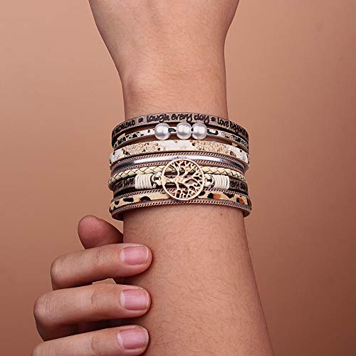 FANCY SHINY Tree of Life Leather Wrap Bracelet Inspirational Cuff Bangles Boho Pearl Bracelets with Magnetic Clasp Unique Jewelry Gifts for Women3