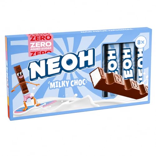 NEOH Milky Choc Riegel Milchschokoladenriegel ohne Zuckerzusatz mit cremiger Milchfüllung ballaststoffreicher Snack 56 kcal pro Riegel für Low-Carb-Ernährung geeignet vegetarisch 8er-Pack
