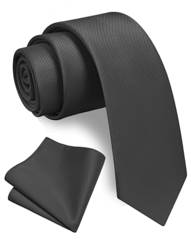 GUSLESON Charcoal Grey Tie for Men Solid Formal 6cm Slim Skinny Necktie and Handkerchief Set For Wedding (0754-55)