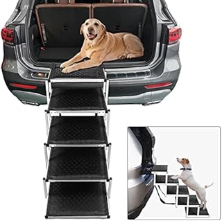 KELIXU Dog Car Ramp Dog Steps for Large Dogs, Pet Stairs for Cars and SUV, Trucks, Lightweight Aluminum 5 Steps Pet Ramp with Non-Slip Surface, Support 80KG