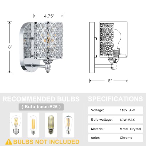Image of Modern Concise Polyhedral Crystal Shade Wall Sconce Light Fixture,for Bathroom Bedroom Living Room Bedside 2 Pack 1 Light Chrome Finish