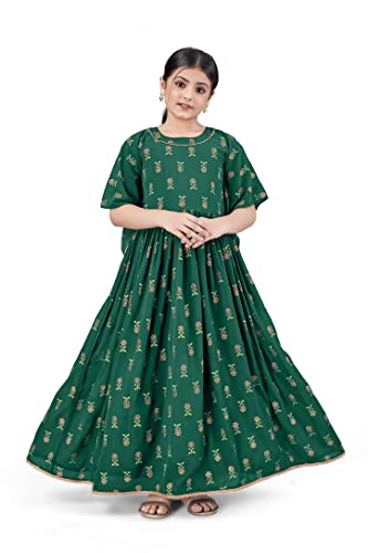 Image of Fashion Dream Girls Maxi Length Flared Foil Printed Dress (Dark Green 5-6 Year)