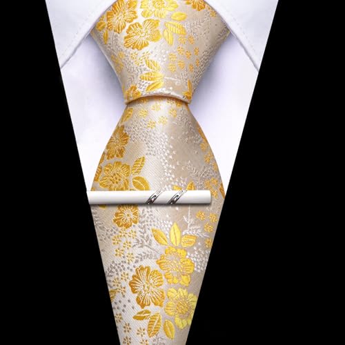 Image of Barry.Wang Floral Ties for Men Flower Necktie with Tie Clip Formal