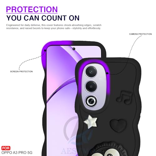 Image of AESTMO Back Case Cover for Oppo A3 Pro 5G | 3D Cute Fun Cartoon Characters | Anti Slip Grip Cute Wave Curly Frame Shape | Full Body Protection Back Cover for Oppo A3 Pro 5G (Black)