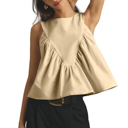 Shiyifa Peplum Babydoll Tops for Women Summer Shirred Swing Tank Tops Khaki