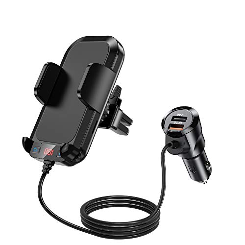 (2020 New) Bluetooth FM Transmitter with Phone Holder, V5.0 Bluetooth Car Adapter,