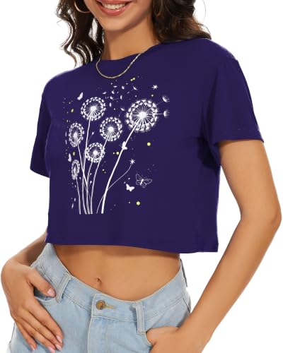 Image of Womens Crop Tops Summer Short Sleeve Round Neck T-Shirts Loose Fit Blouse | Chicgal Soft Elastic Fabric, Short Crop Design, Multiple Colors, Different Sizes XS-XL, Work Daily School Teacher Pants Skirt