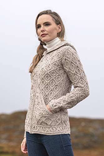 Aran Crafts Women's Soft Cable Knit Honeycomb Hood Cardigan (100% Merino Wool)3