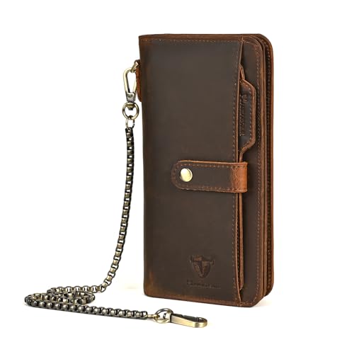 Image of Genuine Crazy Horse Leather Travel Gift Coin Pocket Card Case Long Organizer Chain Rfid Wallet Purse With Snap For Men Male 1803 1815 (W-1821-Brown)