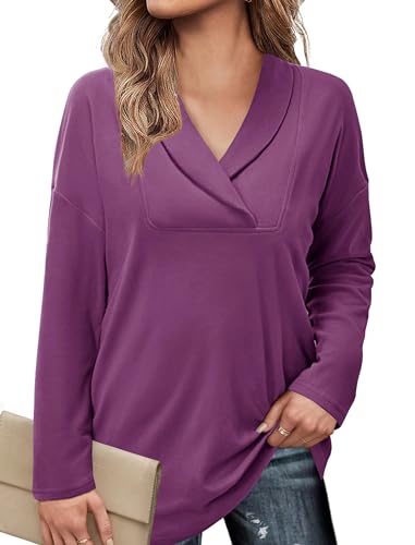 Image of Women's Long Sleeve Tops Fall Shawl Neck Tunic Tops for Leggings Casual Blouse Sweatshirt