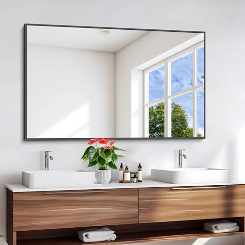 Image of DESBING Black Bathroom Mirror for Wall, 55x36 Inch Rectangle Mirrors with Metal Frame, Modern Vanity Wall Mirror Decor for Entryway Hangs, Bathroom Living Room Horizontal or Vertical