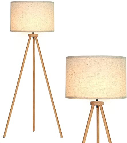 Tripod Floor Lamp, Modern Standing Lamp, Mid Century Wood Tall Lamp, Corner Floor Lamp for Living Room, Bedroom, Study Room and Office, Bright Reading Light with Flaxen Lamp Shade and Bulb