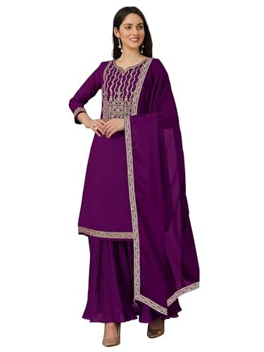 TRENDMALLS Women's Art Silk Embroidery Sequence Work Kurta Sharara Set with Dupatta For Women