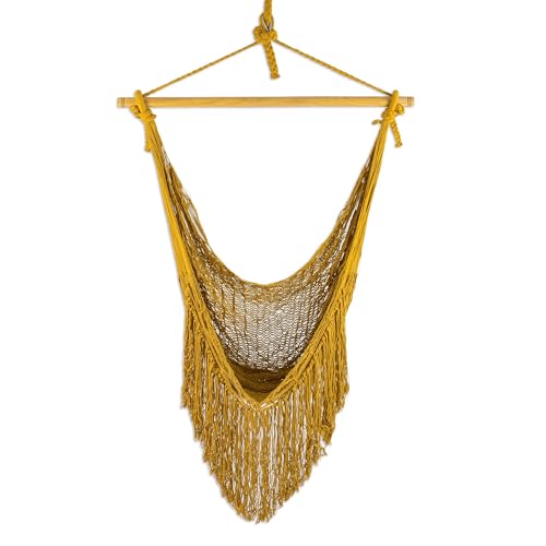 NOVICA Artisan Handwoven Cotton Rope Hammock Swing Mayan from Mexico Brown Solid Backyard Barbeque Beach Cottage Bohemian Eco Friendly Garden Party [bed Size 55in H x 39in W x 55in D Fringe 15.75in L]